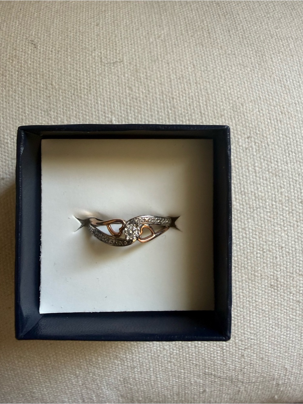 Two-Tone Heart Link Ring with Pavé Accents - White and Rose Gold-10K